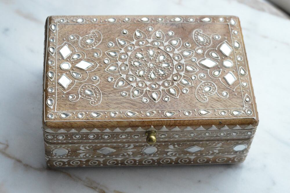 Boho Indian Lippan Art Mirror Inlaid Jewelry Box